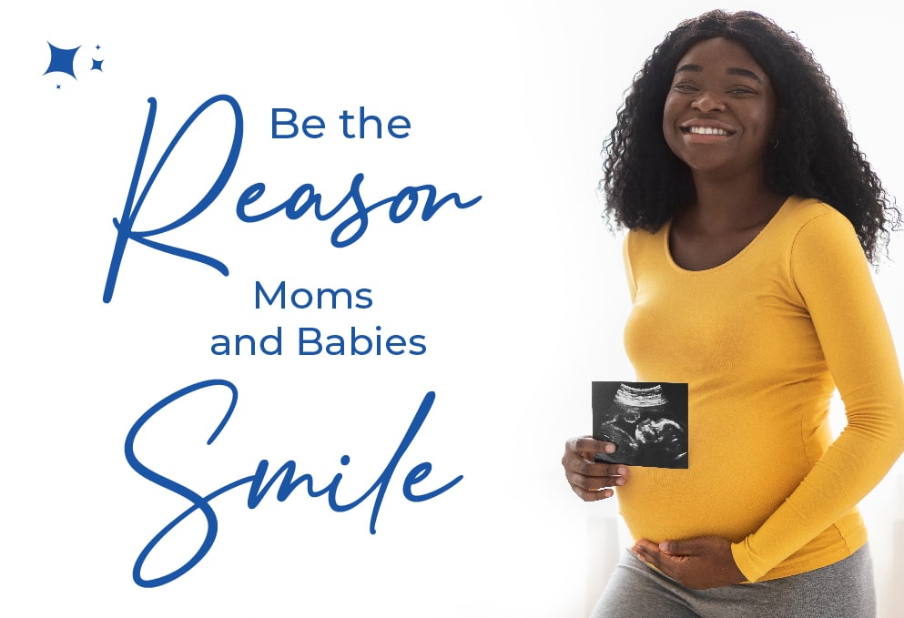 Be the Reason Moms and Babies Smile - Smiling Young Black Woman with ultrasound in front of pregnant belly